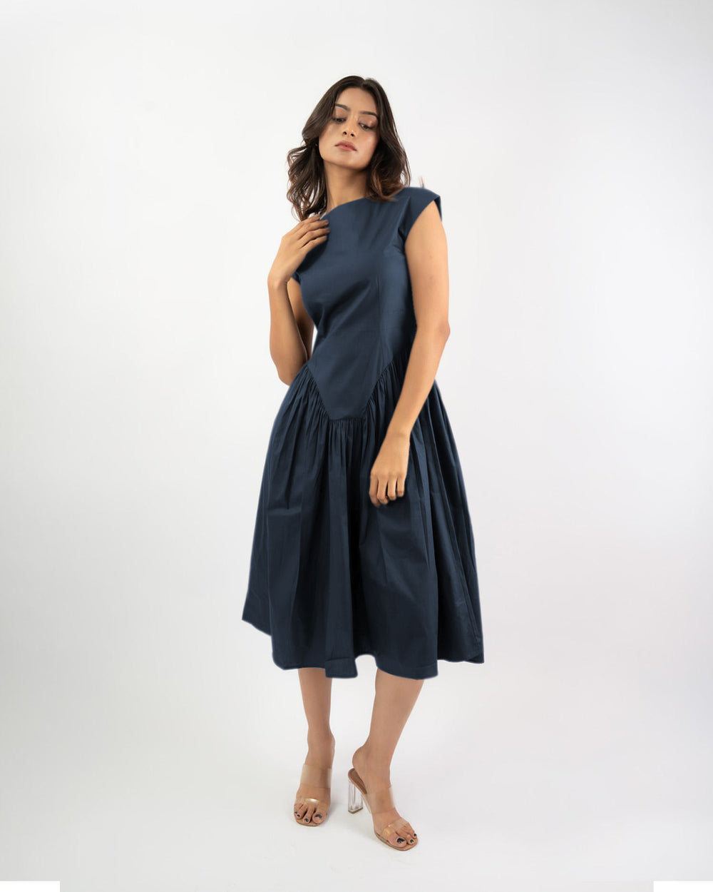 Cotton boat neck midi dress for women, flared silhouette casual summer wear