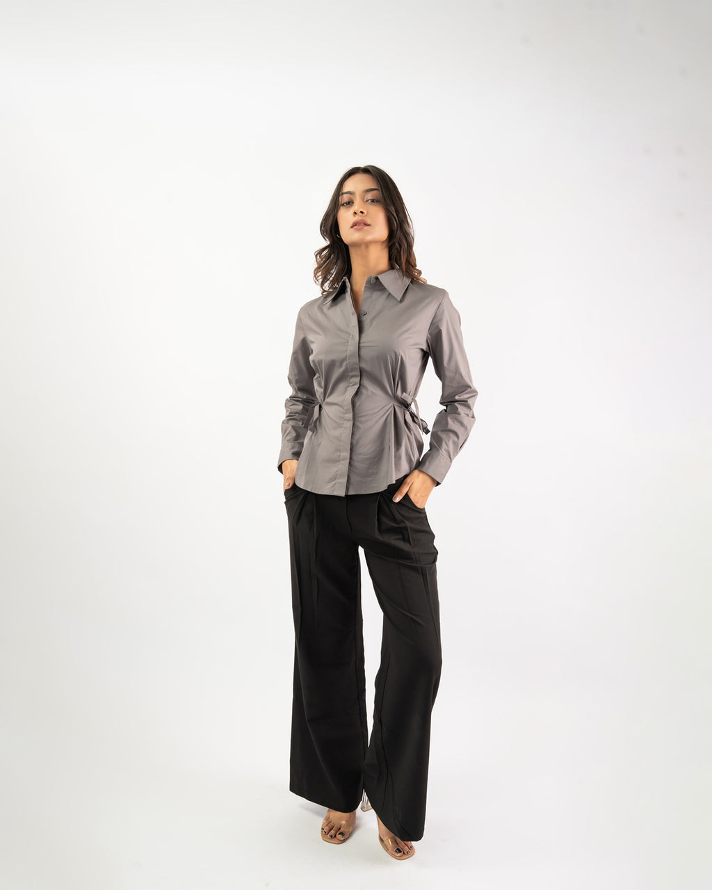 Women’s grey shirt with side tie waist detail, smart casual office wear top