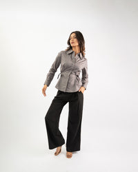 Minimal women’s side tie shirt in cotton, structured button-down everyday styling