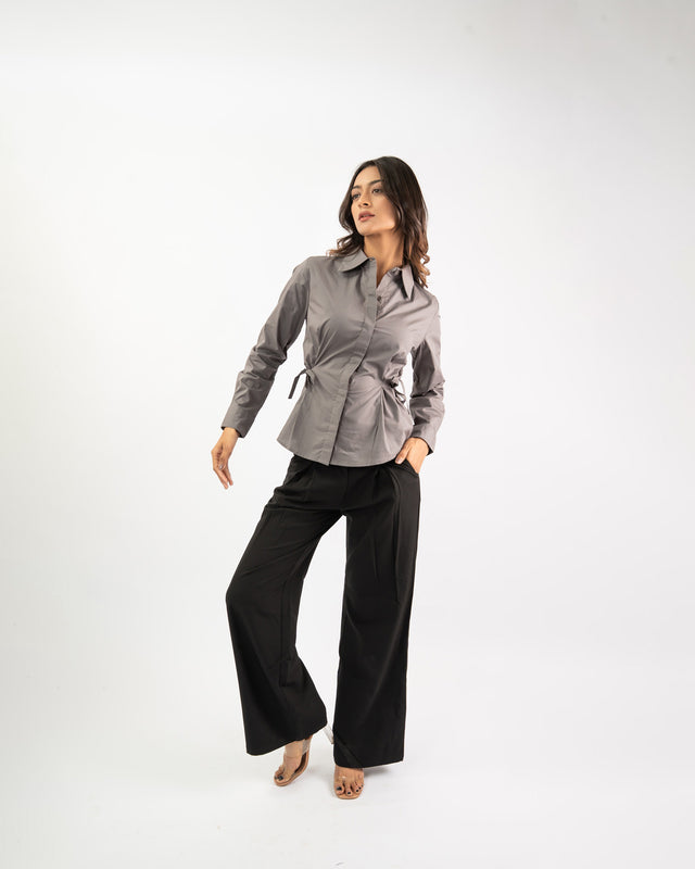 Minimal women’s side tie shirt in cotton, structured button-down everyday styling