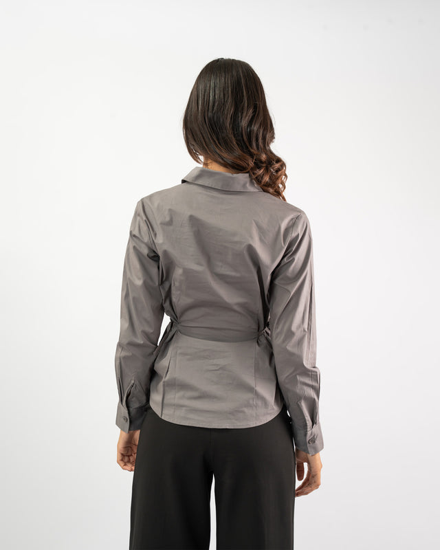 Structured side tie-up shirt for women, grey minimal fashion with tailored silhouette