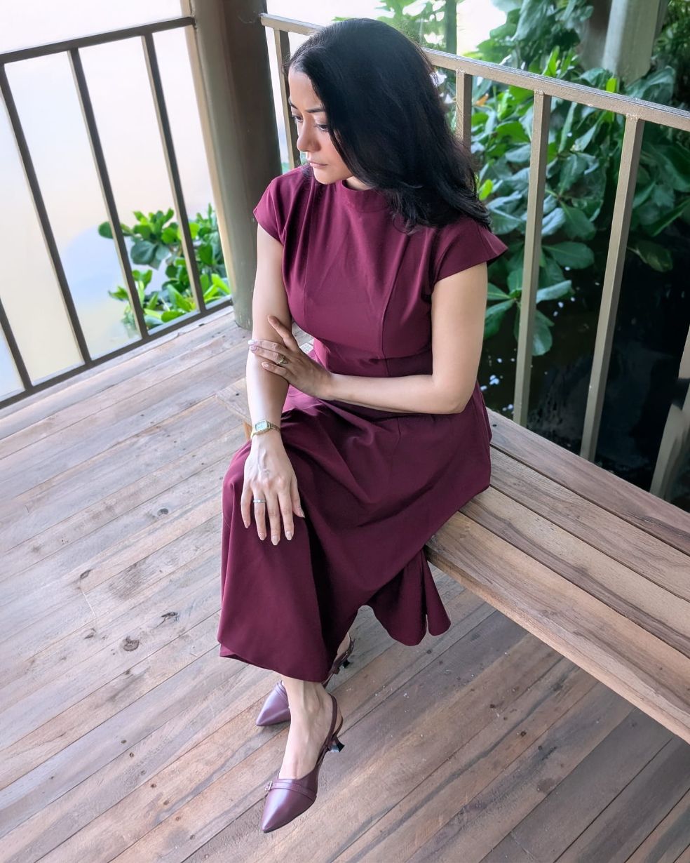 Burgundy high neck A-line midi dress for women, front view