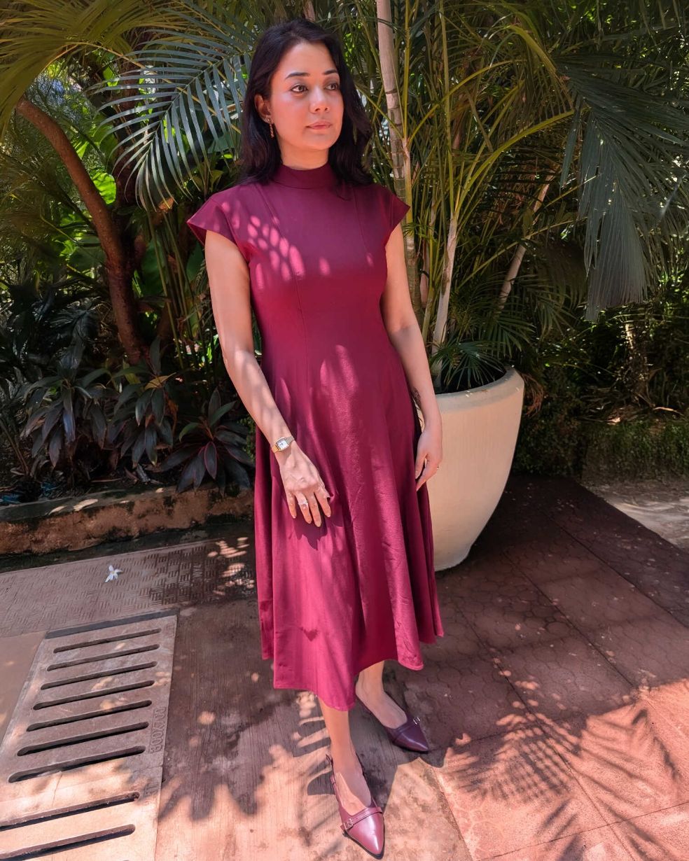 High Neck Structured A-Line Midi Dress