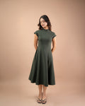 High Neck Structured A-Line Midi Dress