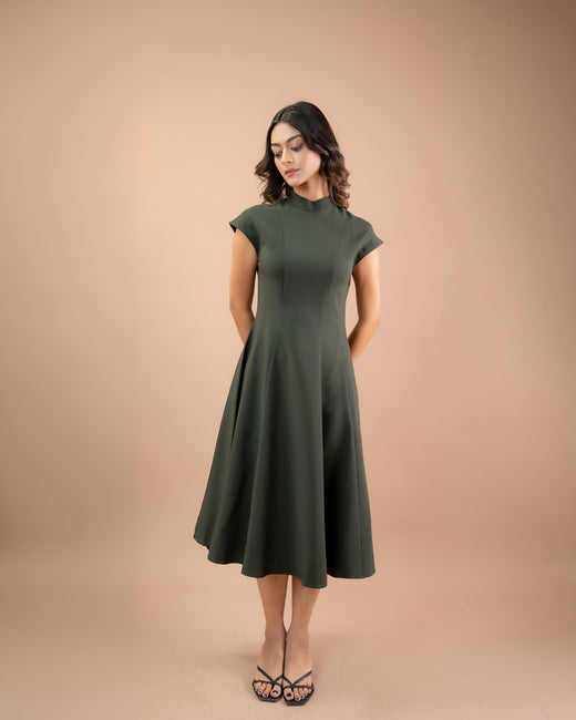 High Neck Structured A-Line Midi Dress