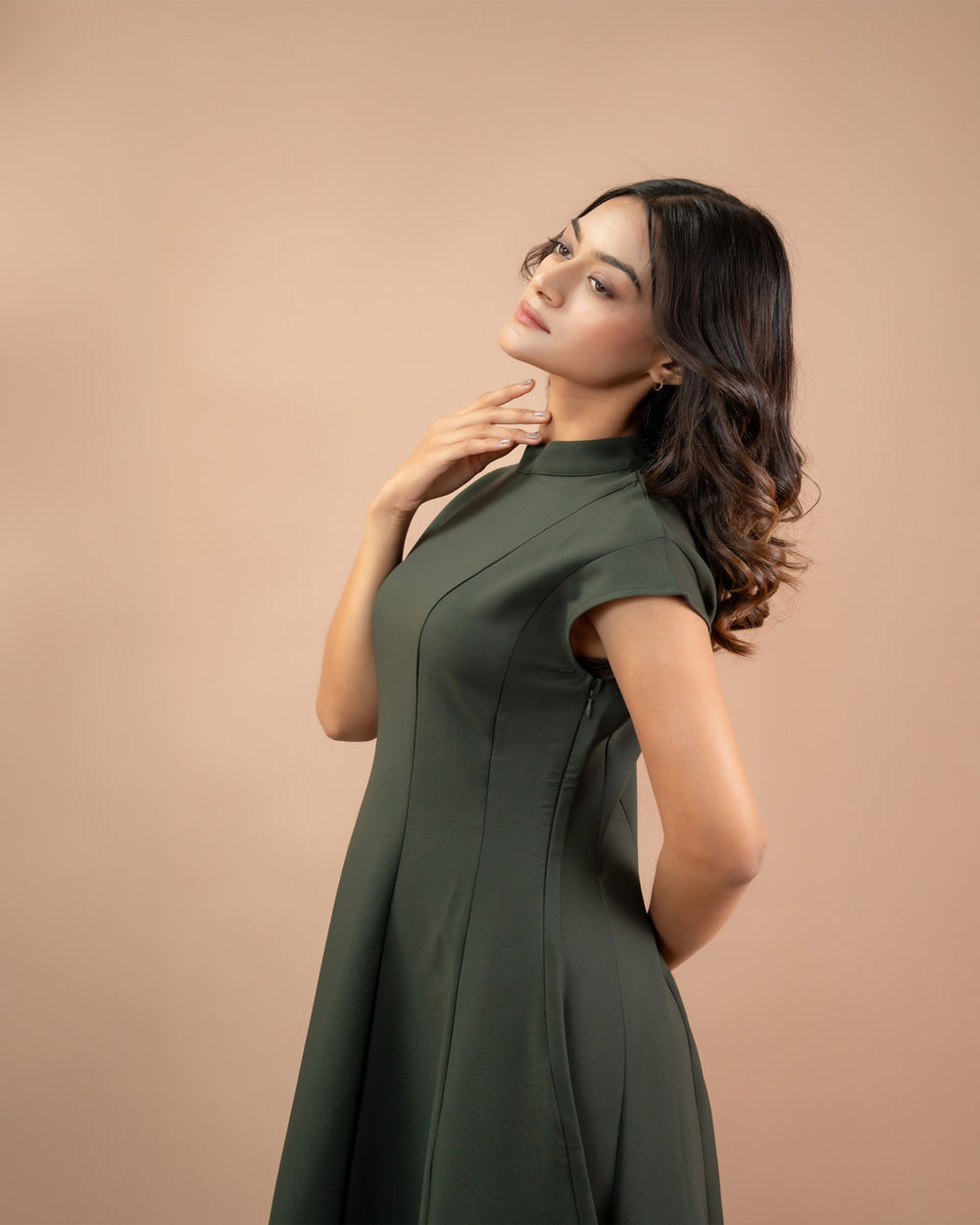 High Neck Structured A-Line Midi Dress
