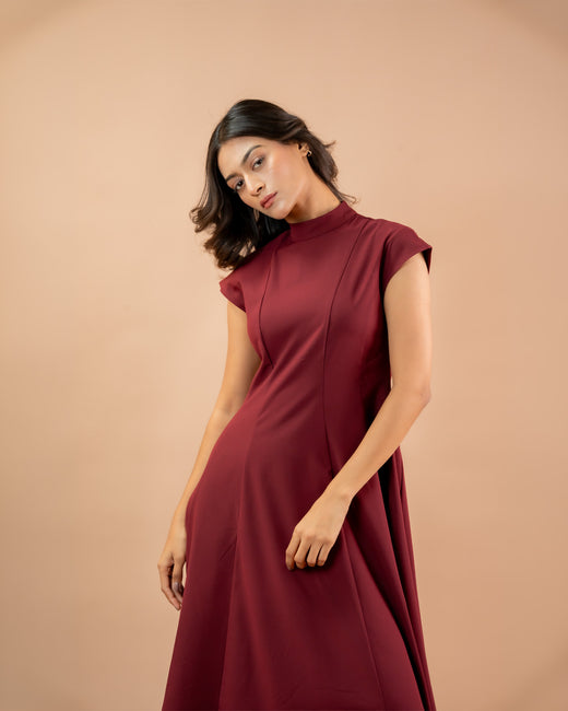 High Neck Structured A-Line Midi Dress