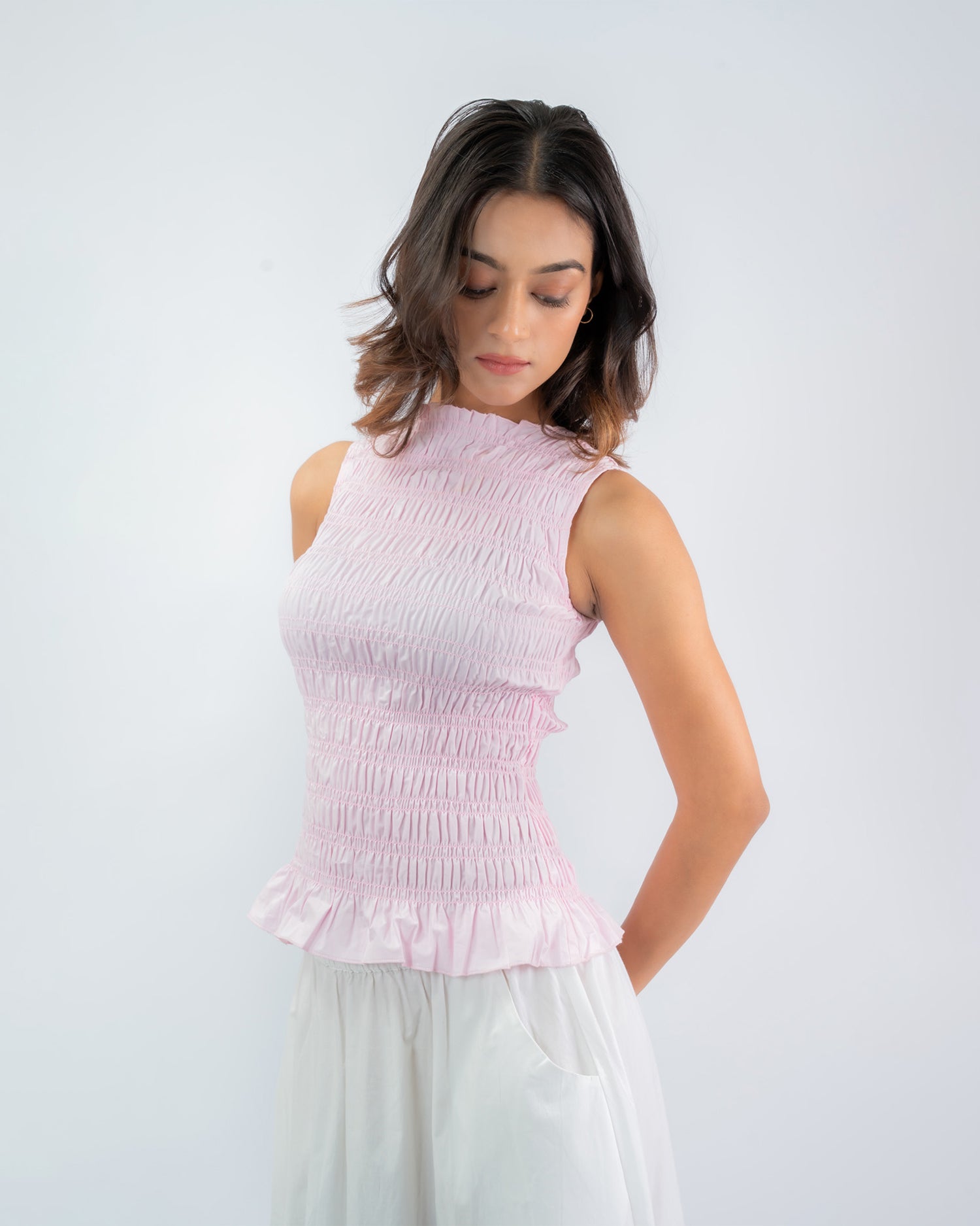 Smocked cotton peplum top for women, sleeveless casual everyday wear