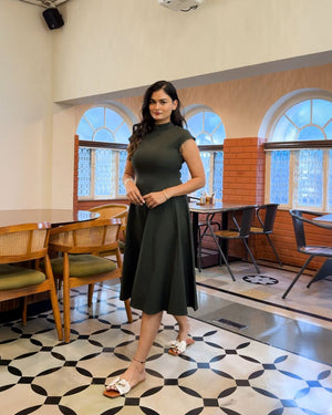 High Neck Structured A-Line Midi Dress
