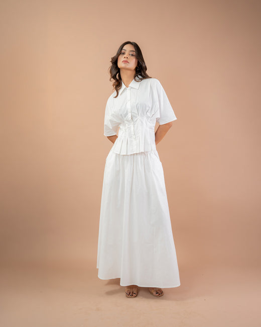 White Pleated Shirt & Flared Maxi Skirt