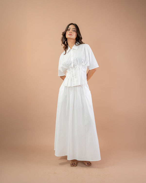White Pleated Shirt & Flared Maxi Skirt