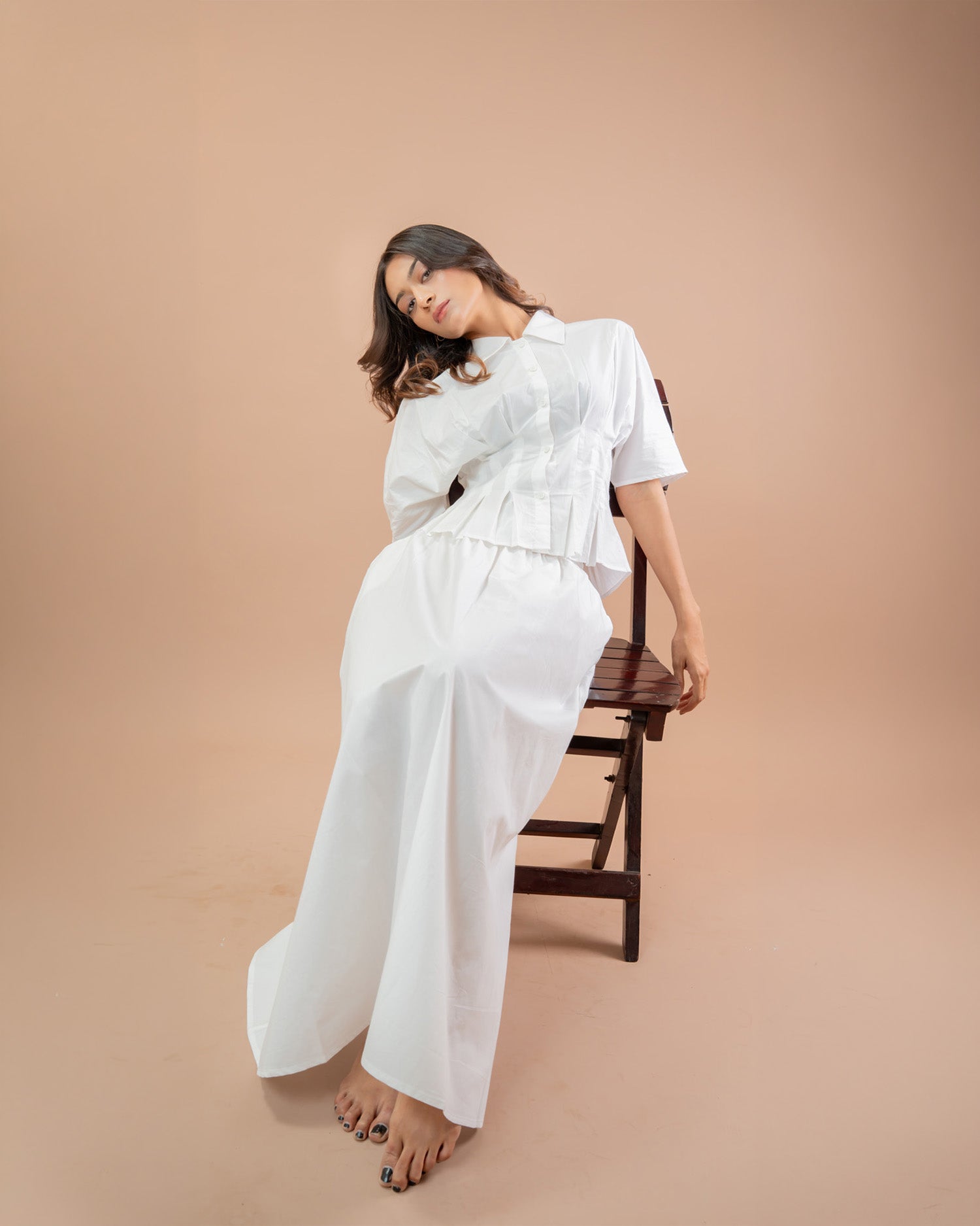 White pleated button-down shirt with maxi skirt for women, soft cotton casual outfit