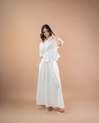 Flared maxi skirt with white pleated shirt, women’s elegant everyday co-ord set