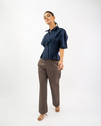Navy pleated short sleeve shirt for women, front view styled look