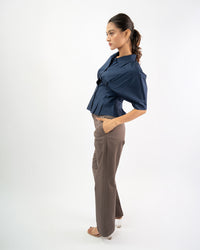 Blue Pleated detail short sleeve shirt for women, comfortable relaxed fit wardrobe staple