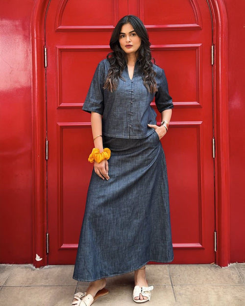 Denim Co-ord Set - A-Line Maxi Skirt & Relaxed Shirt