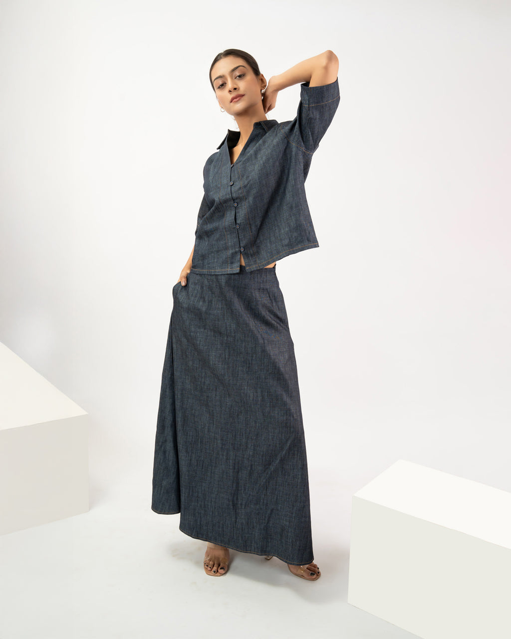 Women’s A-line maxi skirt with oversized denim shirt, casual co-ord outfit”