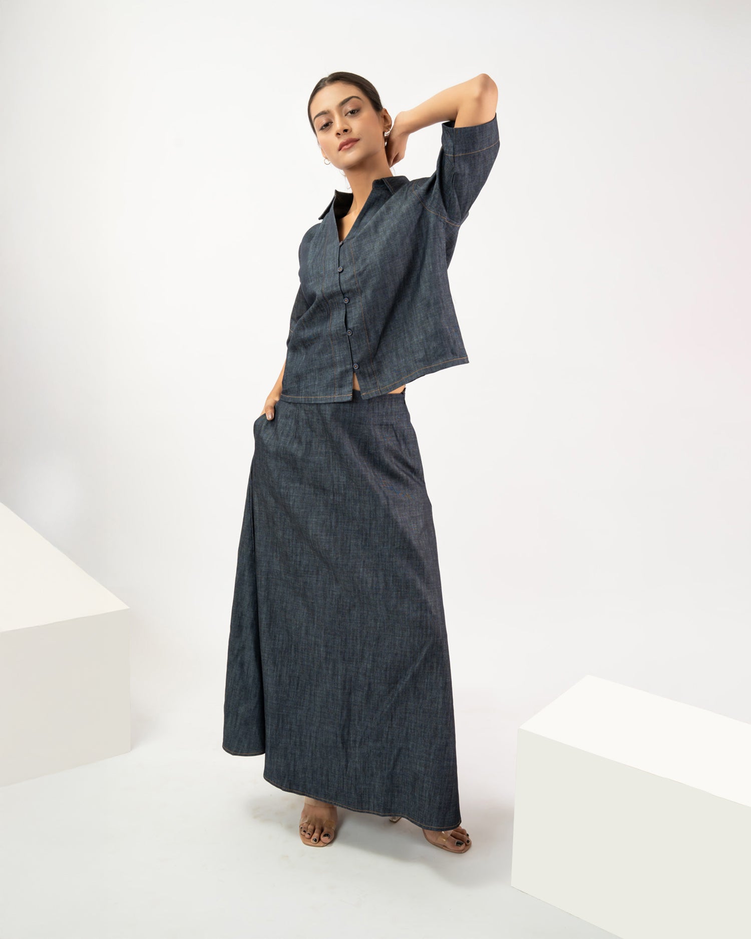 Women’s A-line maxi skirt with oversized denim shirt, casual co-ord outfit”