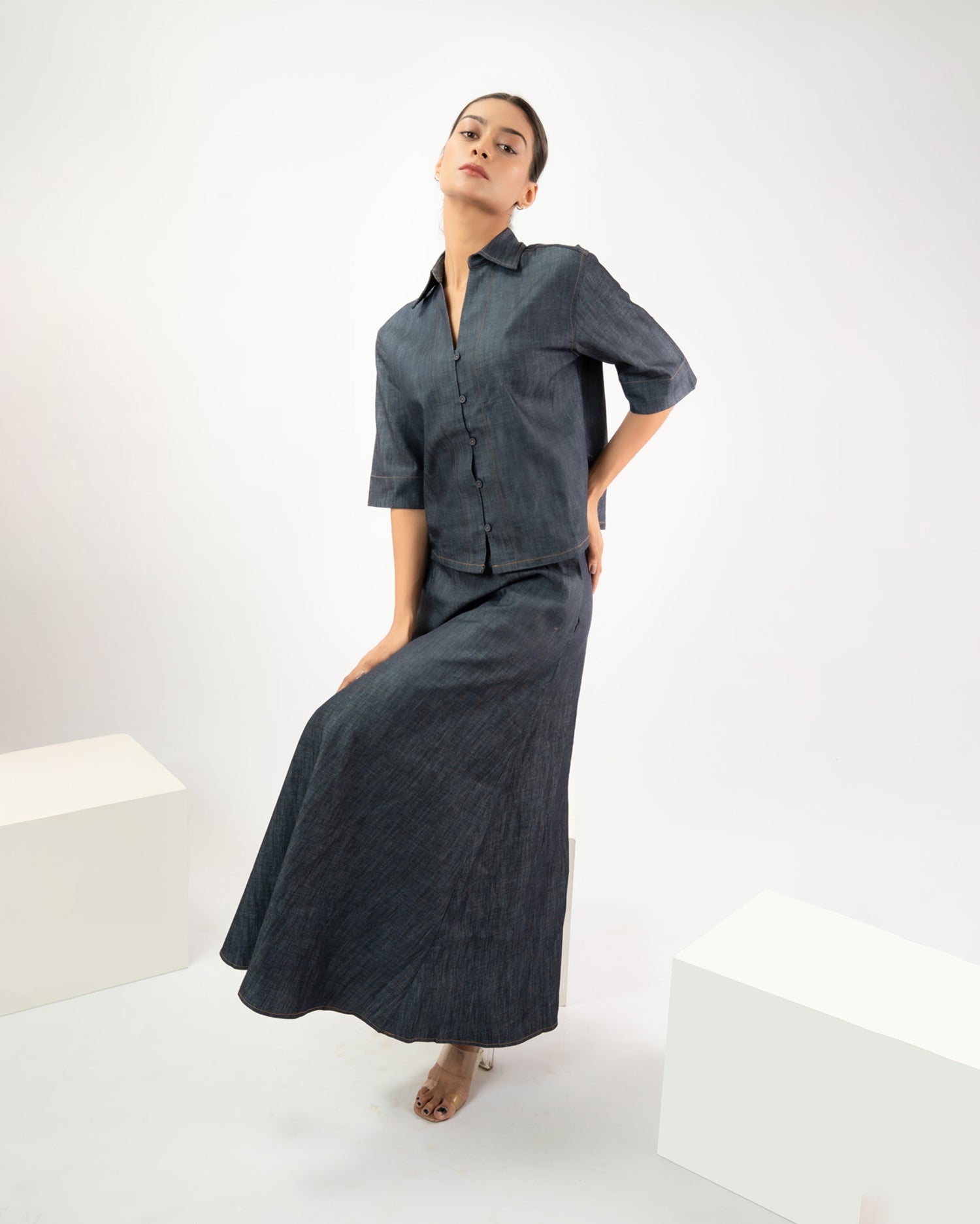 Women’s denim co-ord set with A-line maxi skirt and relaxed fit shirt, casual everyday outfit