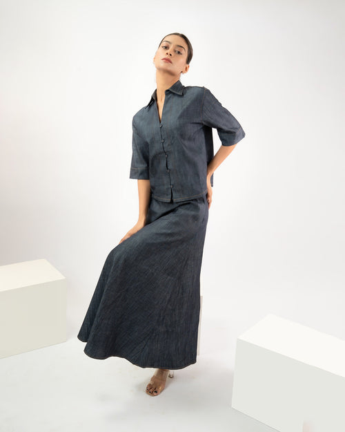 Women’s denim co-ord set with A-line maxi skirt and relaxed fit shirt, casual everyday outfit
