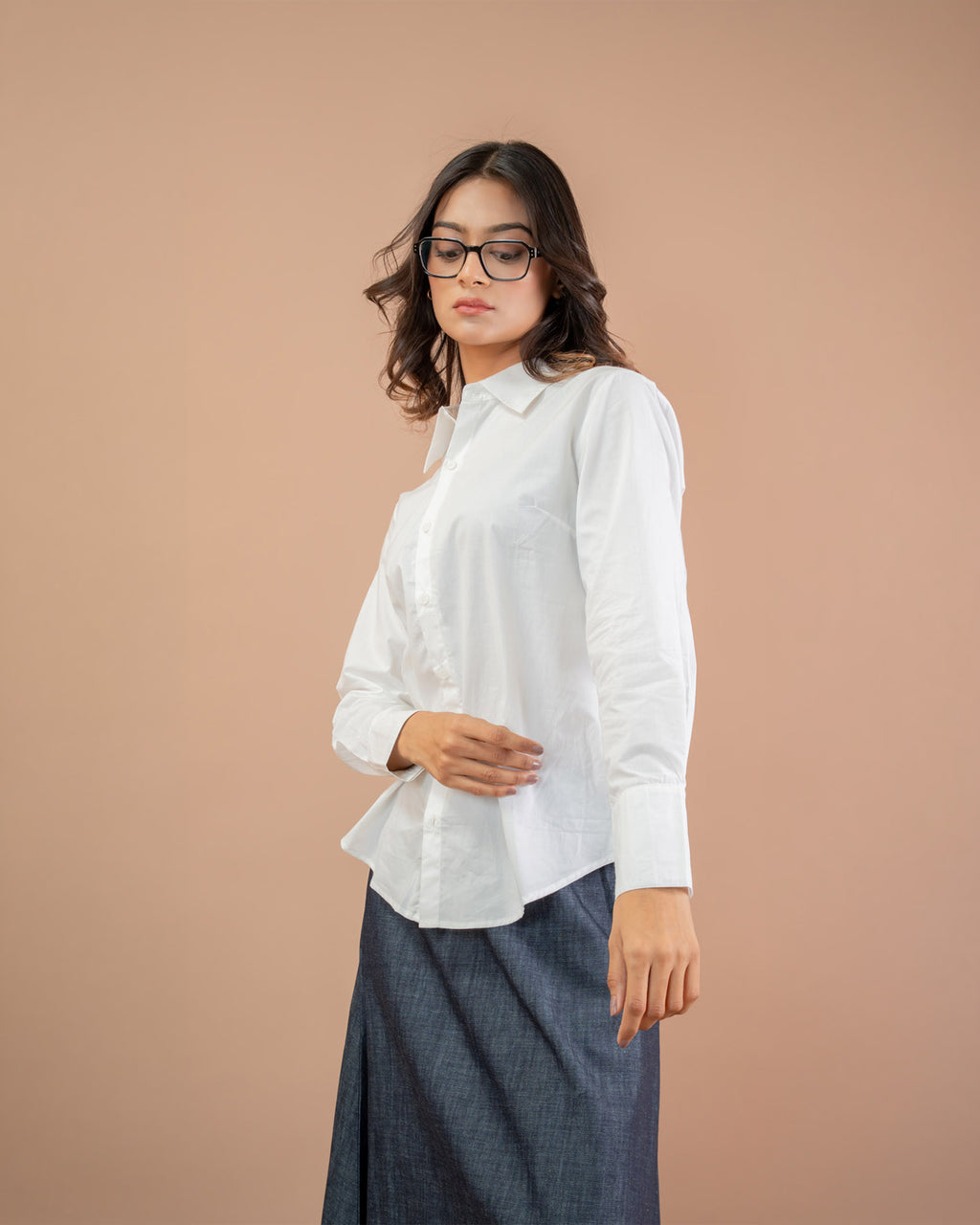 Women’s co-ord set denim skirt and loose button-down shirt, comfortable summer styling