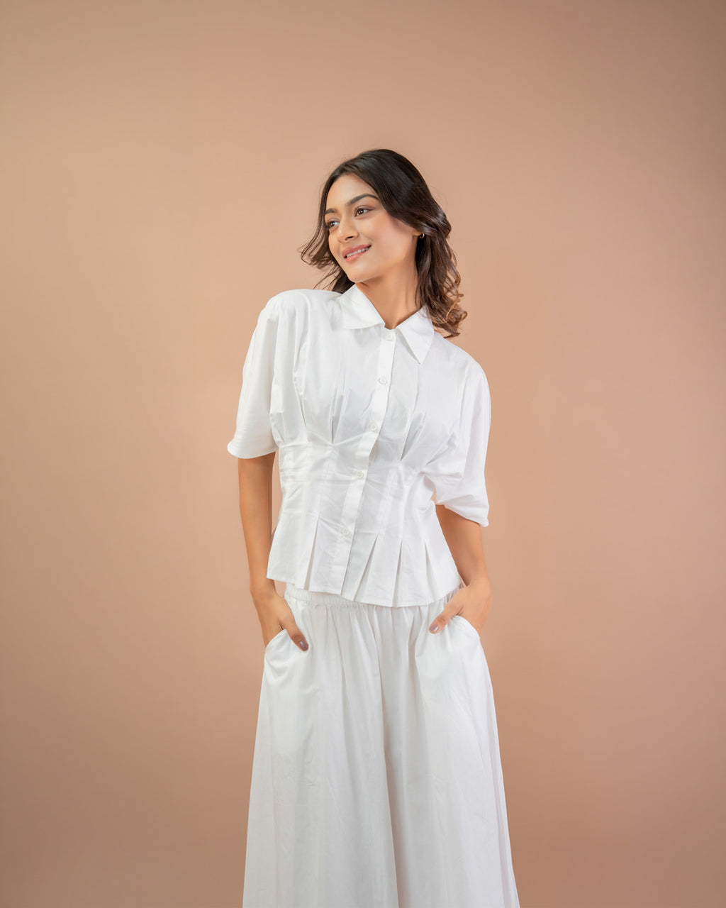 Women’s cotton shirt with pleated detail and short sleeves, casual minimal outfit