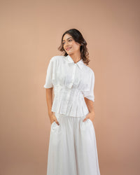 White Pleated short sleeve shirt for Women’s in cotton shirt with casual minimal outfit