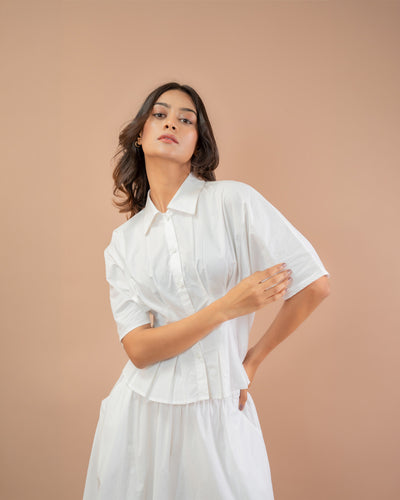Women’s pleated short sleeve shirt, minimal cotton casual everyday wear top