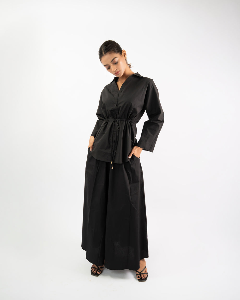 Flared maxi skirt and waist-tie shirt for women, elegant co-ord set for everyday wear