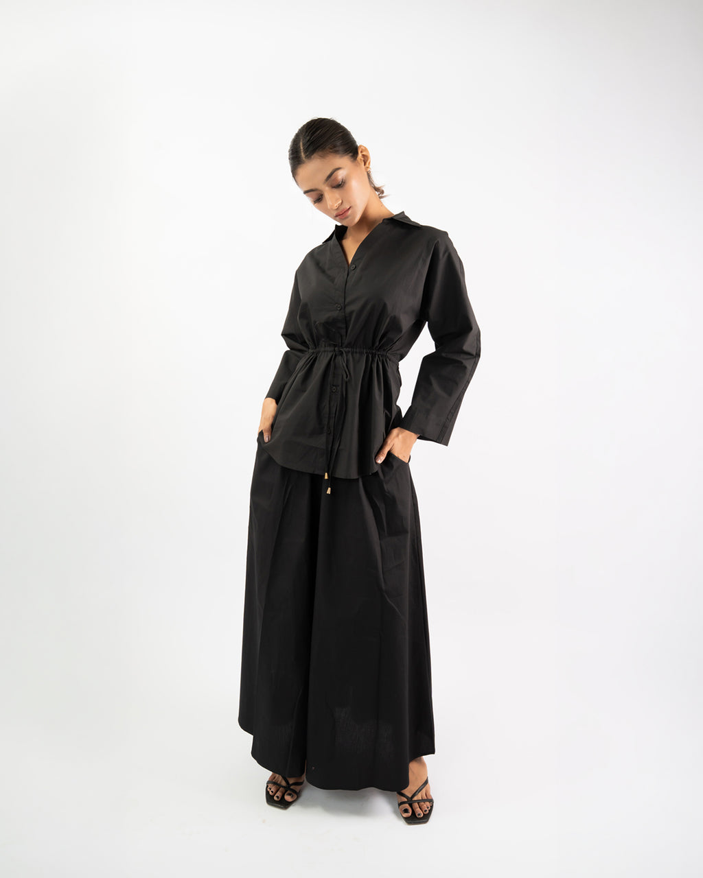 Flared maxi skirt and waist-tie shirt for women, elegant co-ord set for everyday wear