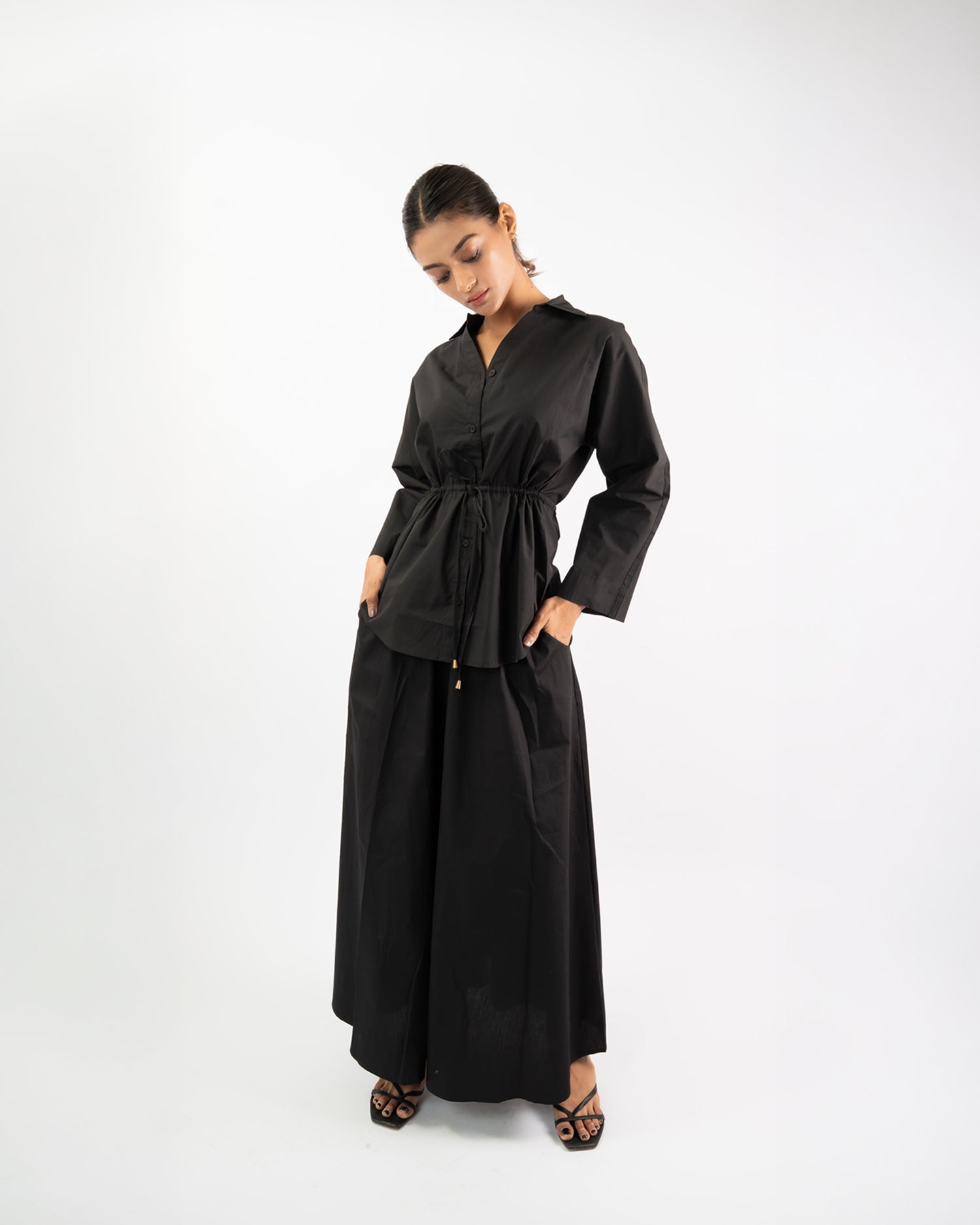 Flared maxi skirt and waist-tie shirt for women, elegant co-ord set for everyday wear