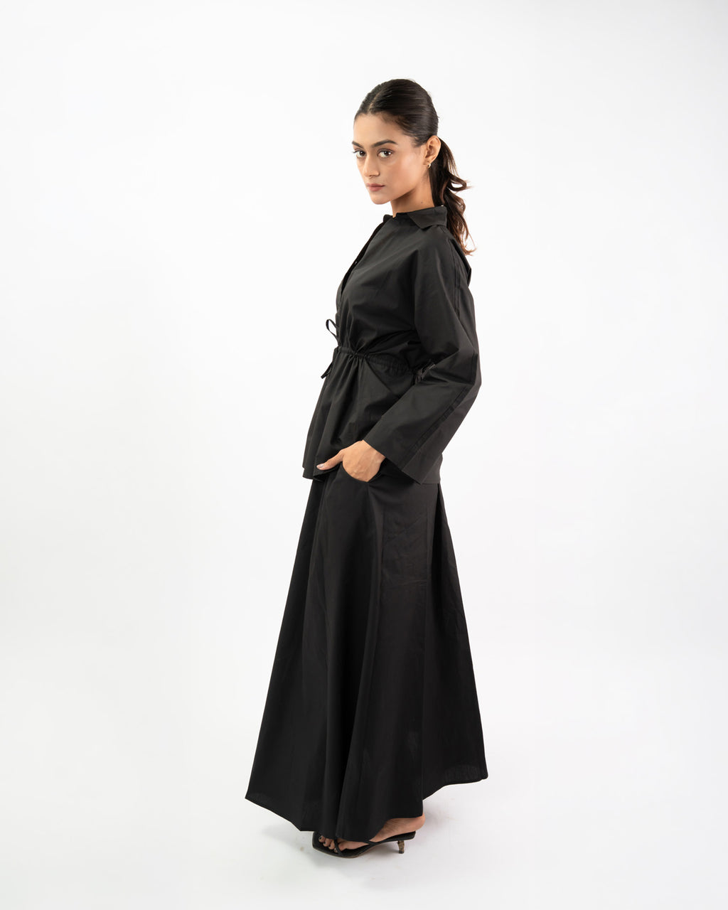 Maxi skirt with waist tie shirt outfit for women, relaxed fit co-ord set in breathable cotton