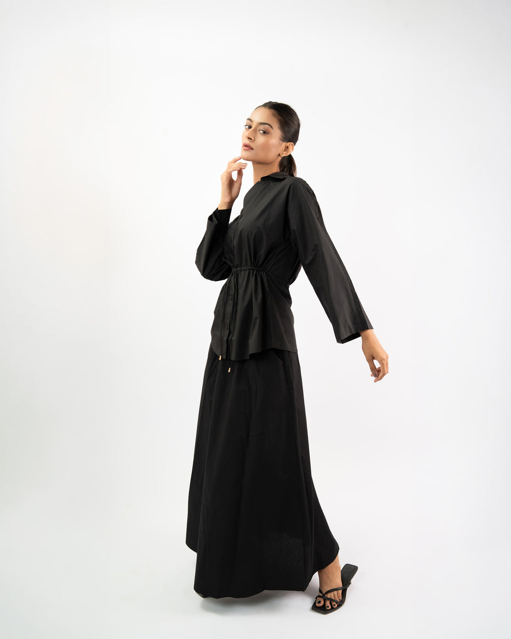 Women’s flared skirt co-ord set with waist tie shirt, soft cotton casual and travel outfit