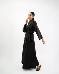 Women’s flared skirt co-ord set with waist tie shirt, soft cotton casual and travel outfit