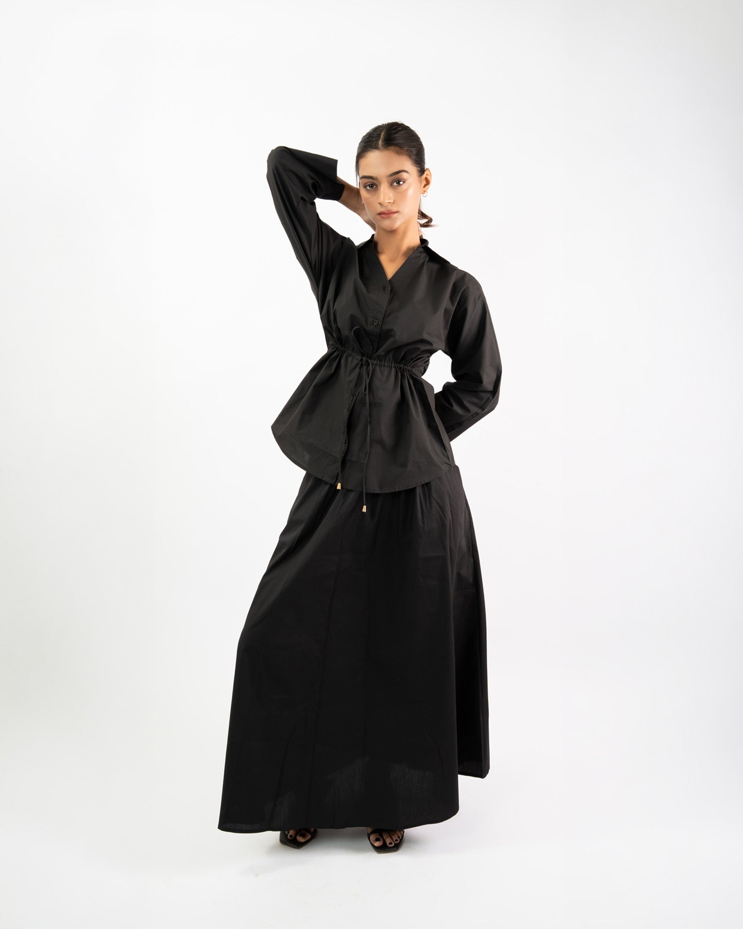 Women’s flared maxi skirt with waist-tie shirt co-ord set, cotton casual summer outfit