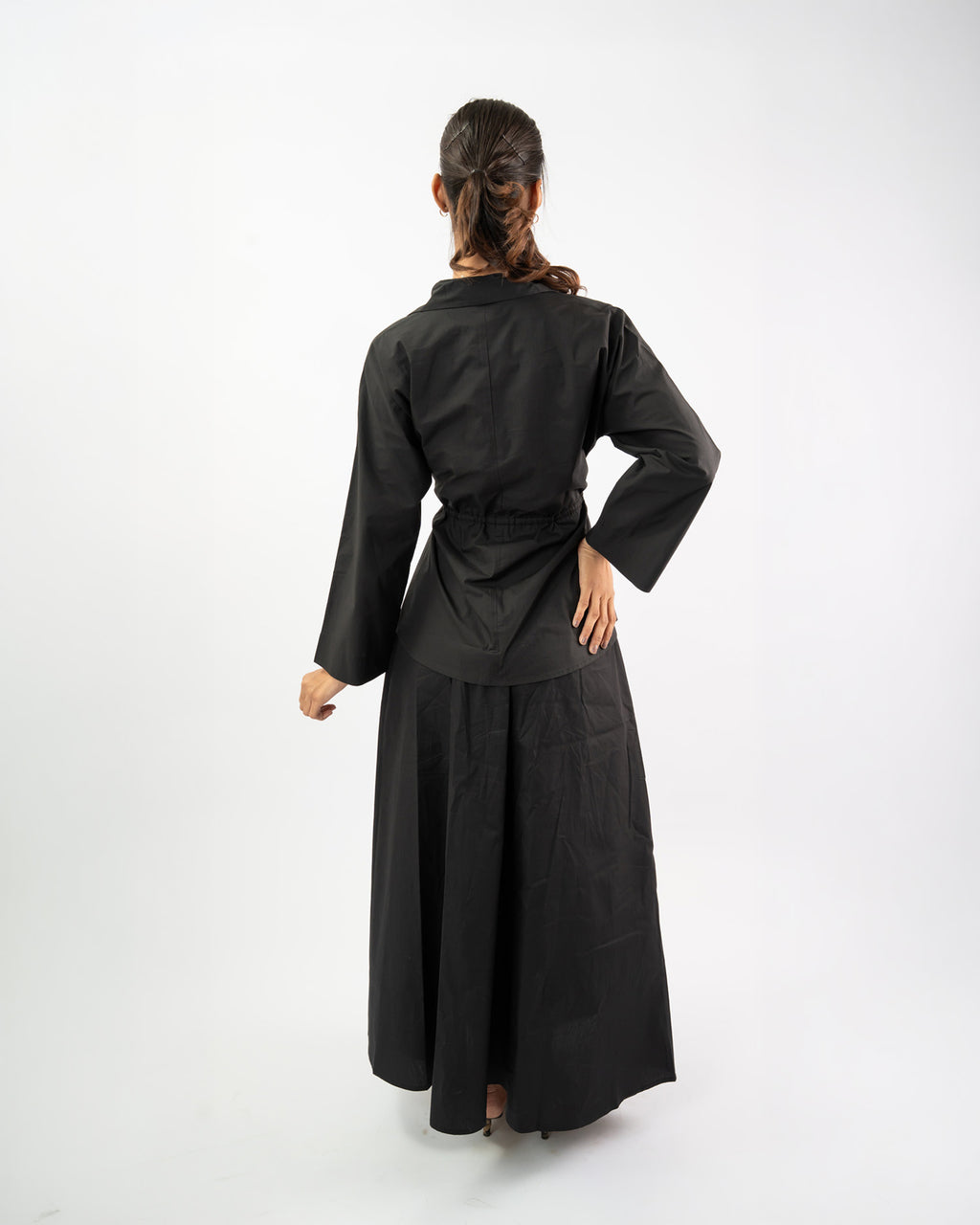 Women’s cotton co-ord set with flared maxi skirt and tie-up shirt, minimal summer fashion