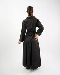 Women’s cotton co-ord set with flared maxi skirt and tie-up shirt, minimal summer fashion