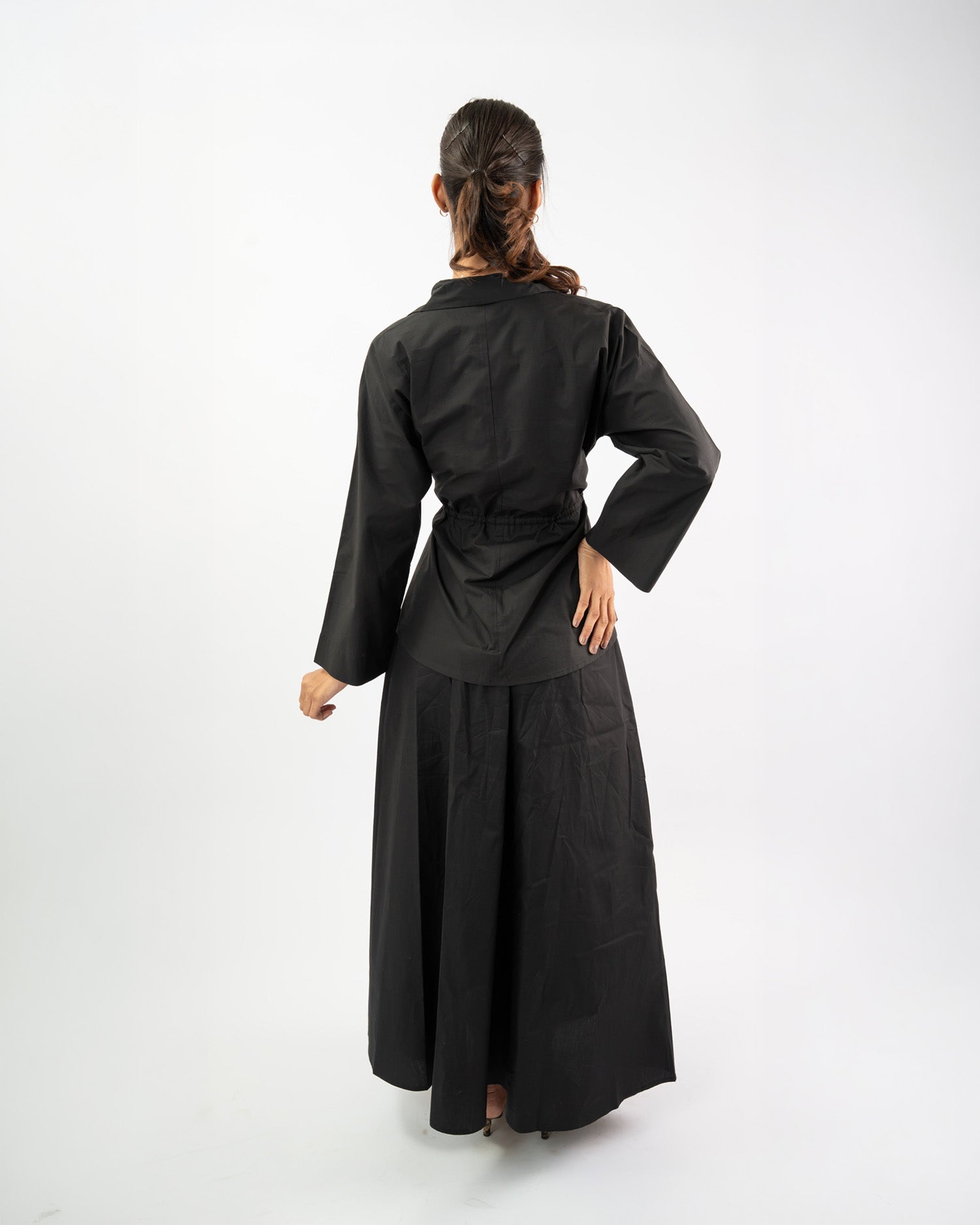 Women’s cotton co-ord set with flared maxi skirt and tie-up shirt, minimal summer fashion