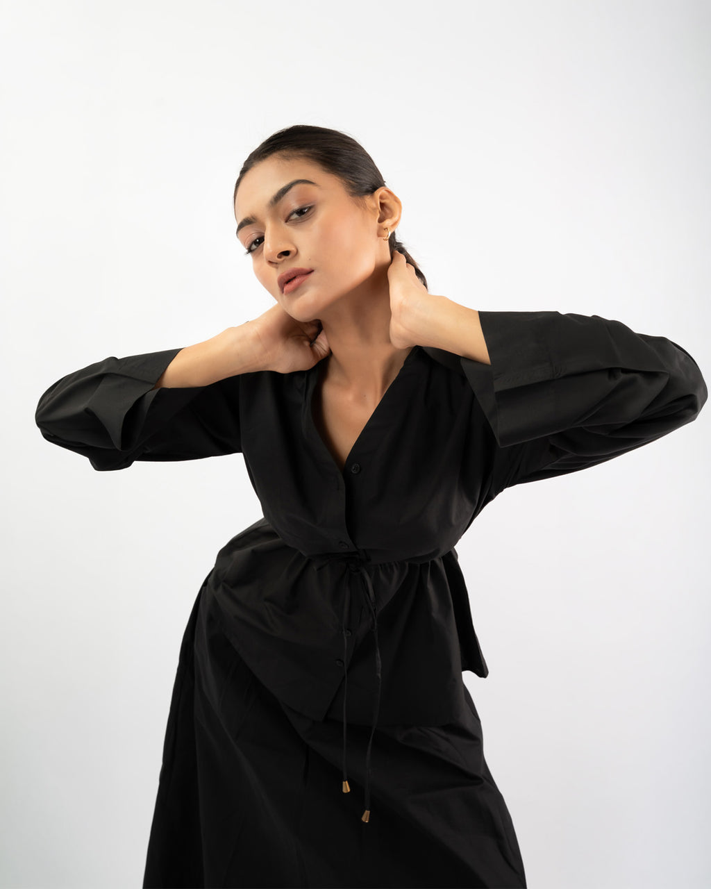Modern black cinched waist shirt for women