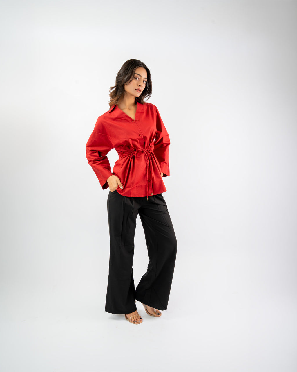 Minimal Red top with elastic waist and button front