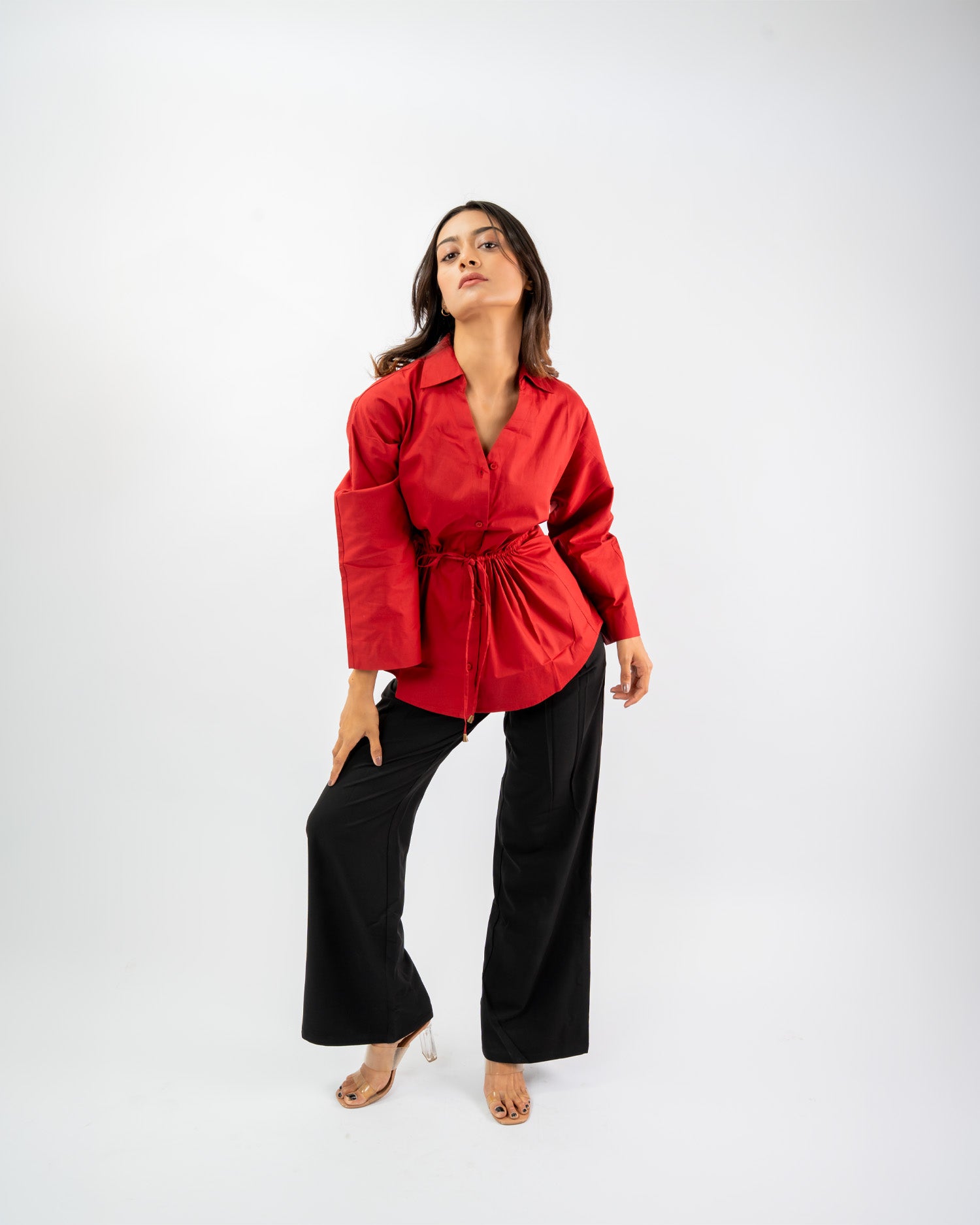 Long sleeve Red blouse with waist tie detail