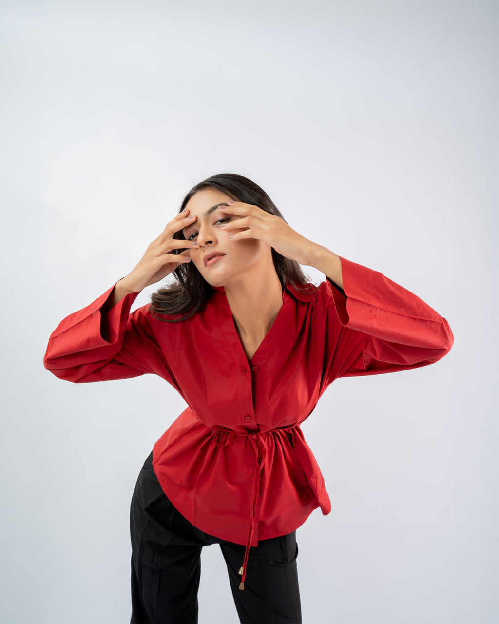 Women’s Red gathered waist blouse with collar detail